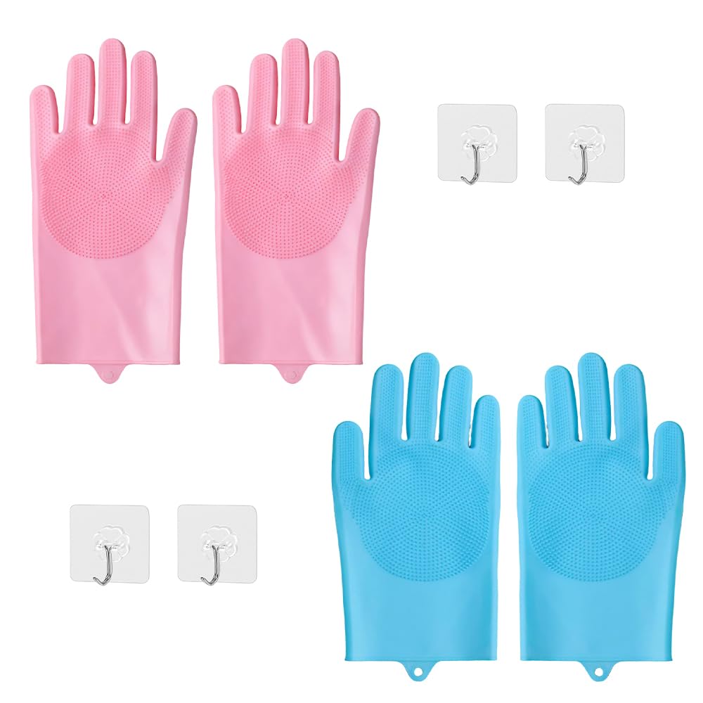 2 Pcs Silicone Pet Bathing Gloves with 4 Adhesive Hooks, Waterproof Dog Washing & Grooming Mitts, Cat Massage Hair Removal Brush, Long Scrubber Washing Up Gloves for Pets and Household Cleaning