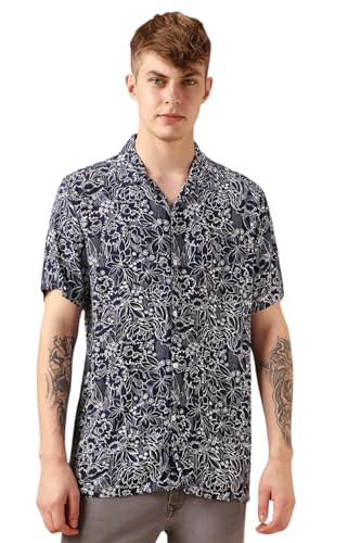 Image of Dennis Lingo Men Navy Blue Rayon Half Sleeve Cuban Collar AOP Shirts
