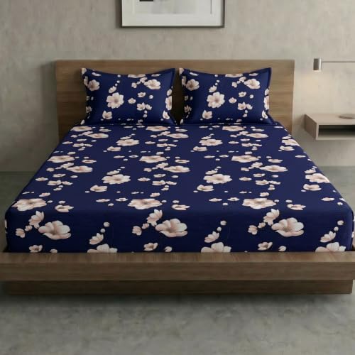 Image of Home Sizzler Microfibre 210TC Navy Blue Blossoms Elastic Fitted Double (72 X 78) Bedsheet with 2 Pillow Covers