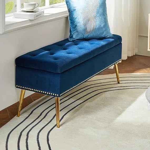 Image of Modern Velvet Storage Ottoman with Gold Base Button 2 Seater | Upholstered Long Ottoman for Bedroom, Living Room, Entryway & Sofa | Comfortable Padded Accent Furniture | Neavy Blue