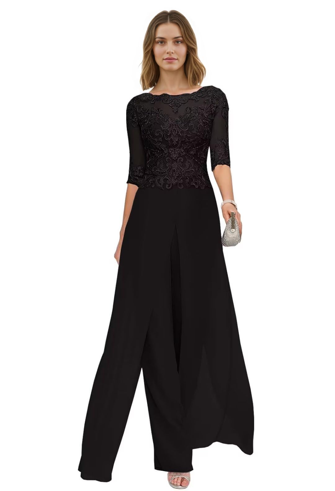 2-Pc Mother of The Bride Pantsuits with Lace Appliques Chiffon Jumpsuit Jacket for Wedding Guest