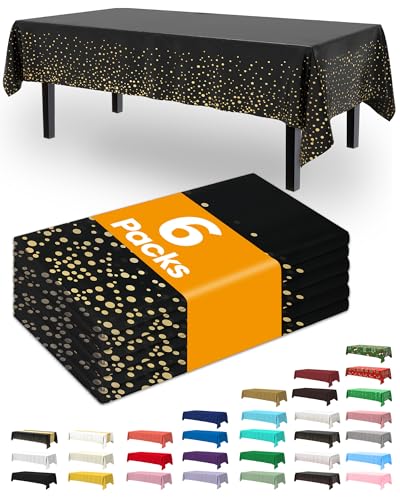 Image of Pureegg Plastic Table Cloth Disposable 6 Pack, 54 x 108 Inch, Black Gold | Graduation Party, Class of 2025, Waterproof, Black Gold, Tablecloth