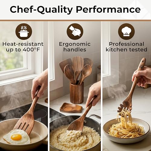Image of Wooden Utensil Set 8 Pcs - Sturdy & Easy to Clean, Natural Teak Wooden Spoons for Cooking - Non-Scratch Cooking Utensils with Spatula, Turner, Ladle, Spoons, Skimmer, Holder, Spoon Rest & 6 Hooks