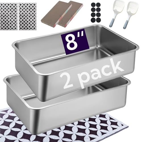 Image of 2 Pack Stainless Steel Cat Litter Box with High Sides - Metal Cat Pan, Large Indoor Litter Tray, Never Absorbs Odor, Pet Toilet Supplies Smooth Surface for Kitten, Kitty, Rabbit 23.6 inch 16 inchx8 inch