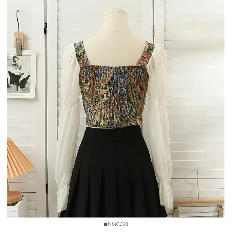 Image of ICW Women French Style Retro Vintage Lace-Up Floral Jacquard Square Neck Smock Puff Sleeve Ruffled Crop Blouse Corset Top Dn29