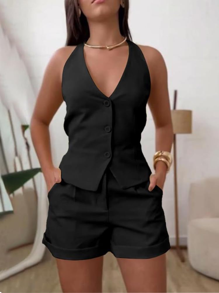 shownicer Tailleur Donna Eleganti Pantaloncini e Gilet Completo Blazer a Senza Maniche 2 Pezzi Tuta in Vita Set in Tinta Unita Pantaloni Corti Due Pezzi Suit