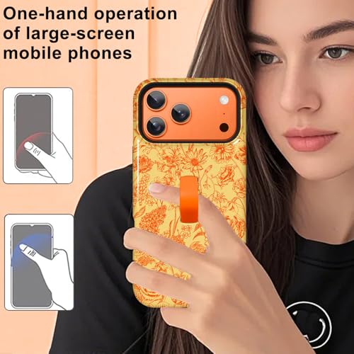Image of Magnetic for iPhone 17 Pro Case with Finger Strap Kickstand [Compatible with Magsafe] Cute Flower Floral Pattern Design, Dual-Layer Shockproof Protective Cover for Women Men, Orange