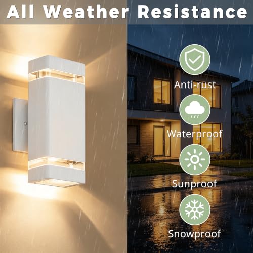 Image of JYV Square Dusk to Dawn Outdoor Wall Lights, Up and Down, White 2 Pack | Aluminum Porch Lights with 2x7W 3000K Bulbs, Waterproof Exterior Lighting Fixtures, for House Porch Garage Patio