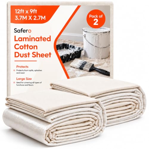 Image of Pack of 2 Laminated Cotton Dust Sheets for Decorating & Painting Size 12ft X 9ft | Waterproof Paint Cover Sheets Backed with Plastic Polythene Sheeting | Drop Cloth for, Furnitures, Floor, StairCase