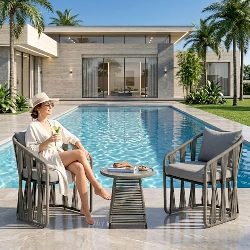 Image of BRISHI 3 Piece Outdoor Patio Furniture Set | Two Seater Woven Rope Patio Chairs with Cushions & Glass Table | All Weather Garden Balcony Conversation Set for Porch, Lawn, Poolside, Backyard (Grey)