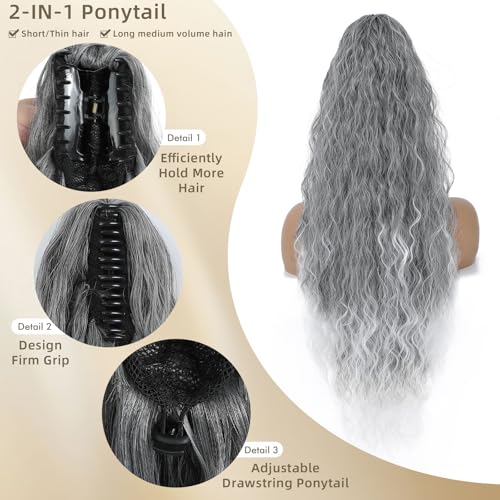 Image of Claw Clip Ponytail Extension 26In Long Wavy Curly Hair,Ombre Grey
