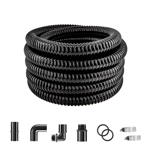LONGRUN 32mm Pond Hose Pipe, 1.25 Inch Black Garden Corrugated Flexible Hose with Clamps Fitting, 7.2 Metres Length