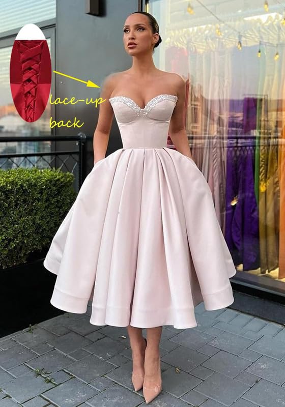 Strapless Satin Short Prom Dress with Pockets A-line Sequins Homecoming Dresses for Teens4