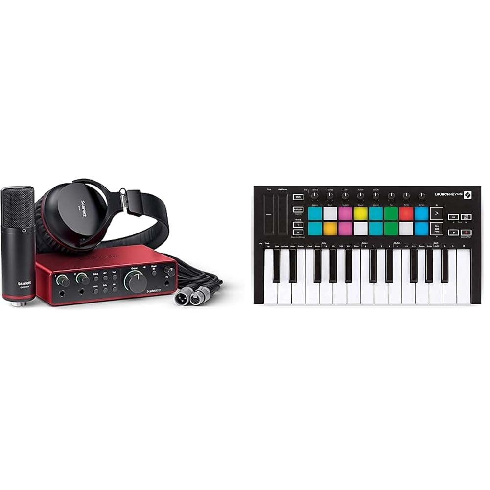 Focusrite Scarlett 2i2 Studio 4.ª gen. paquete de interfaz de audio USB pensada & Novation Launchkey Mini [MK3] — Controlador de teclado MIDI de 25 teclas portátil con USB