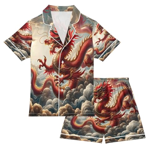 ALAZA Red Chinese Dragon Cloud Sky Satin Pajamas Set Short Sleeve Button Down Sleepwear Summer Pjs 2 Piece