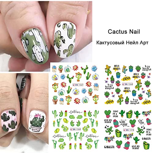 Cactus Nail Art Stickers Decals Spring Summer Nail Decorations Water Transfer Slider Decals Manicure Green Plant Leaf Watermark Flakes Slider Tattoo 12 Sheets (Cactus) #TOP4