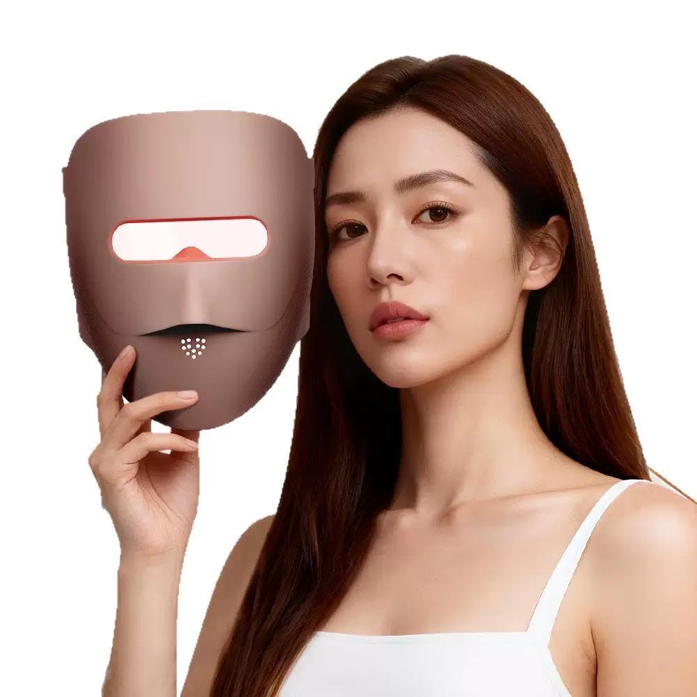 LED Light Therapy Face Mask | Updraged 3D Silicon Infrared LED Face Mask with 328 High-Purity Bulbs | Helps with Collagen Production, Oil Control, More | Suitable for Home & Spa (Coffee)