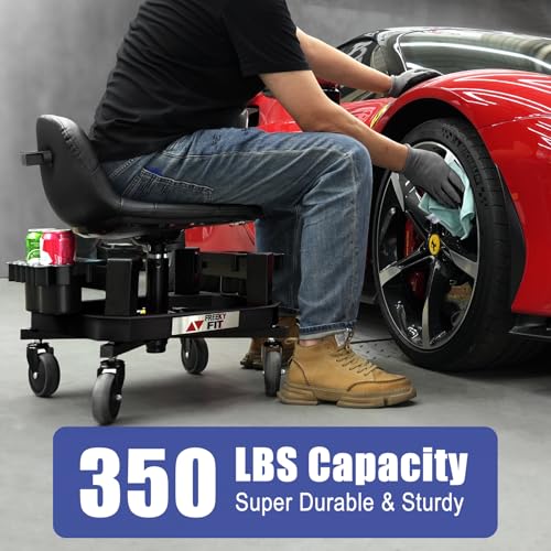 Image of Rolling Stool with Wheels, Adjustable Shop Stool Mechanic Chair Seat Garage Shop Roller Work Chair Mobile Rolling Seat with Tool Tray, 2 Cup Holders, 4 inch Casters, 350 LBS, Heavy-Duty, Blue