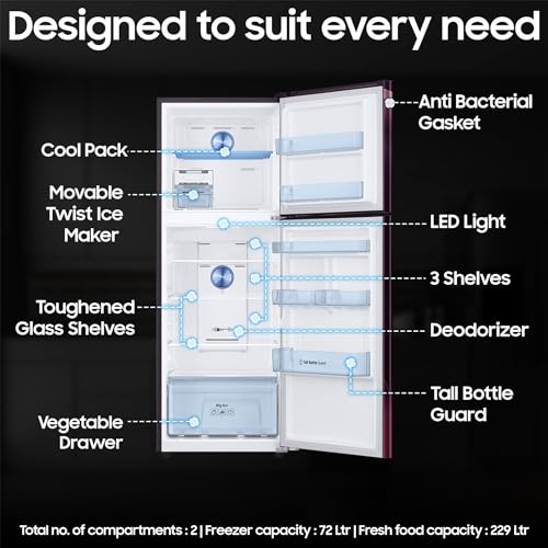 Image of Samsung 301 L, 2 Star, Convertible 5-in-1 Digital Inverter with Display Frost Free Double Door Refrigerator (RT34C45224R /HL, Rhythmic Twirl Red)