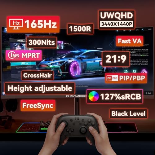 Image of 34 Inch Curved Gaming Monitor, WQHD 3440 x 1440p, 165Hz 1ms, 21:9 Ultrawide, 127% sRGB, Ergonomic Height Adjustable Stand, PIP /PBP, RGB Backlight, Black