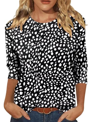 KISSMODA Tunic Tops for Women Loose Fit Dressy Round Neck Pleated 3/4 Length Sleeve Spring Tops