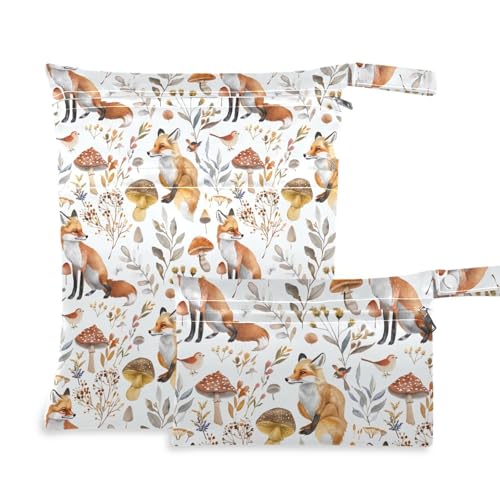 Coikll Wet Dry Bags for Cloth Diaper 2 Pack Waterproof Yoga Gym Bag for Swimsuit Wet Clothes Baby Items-?Fox and Mushroom?