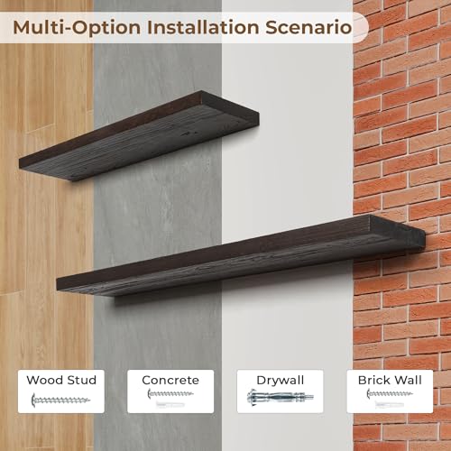 Image of Floating Shelves for Wall, 32in Reclaimed Elm Wood Shelves, Walnut, 2PCs | 8'' D Rustic Solid Elm Wood Shelves for Storage, Wall Mounted Display Shelving with Invisible Heavy-Duty Metal Bracket