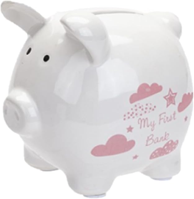 My First Bank Piggy Money Box White with Stars / Clouds - Pink 1371