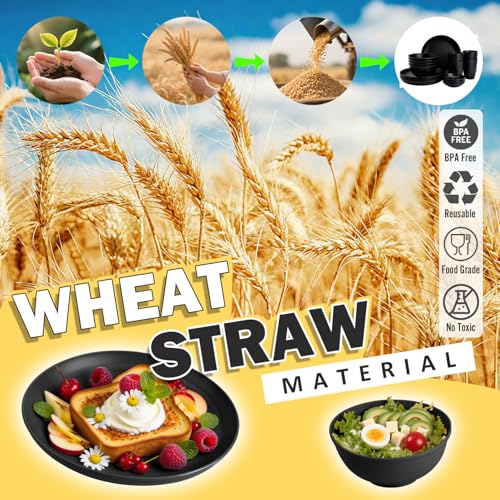 Image of Wheat Straw Dinnerware Sets 16 PCS, Unbreakable Kids Plates and Bowls for 4-9 IN Plates, 26 OZ Cereal Bowls, 2 OZ Dipping Bowl, 12 OZ Cups, Dishwasher & Microwave Safe Plate Set - Black