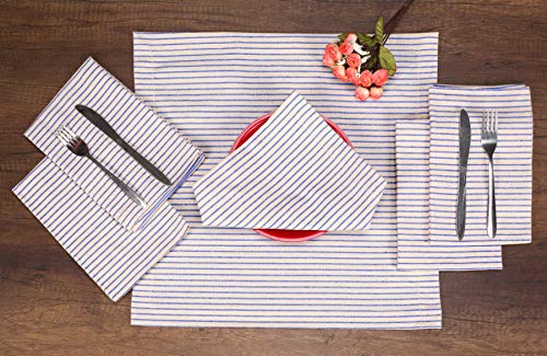 Native Fab Set of 12 Farmhouse Stripe Cloth Dinner Napkins Cotton 18x18 Absorbent Soft Restaurant Hotel Quality, Everyday Use Easy Care Washable Wedding Dinner Napkins Blue Beige