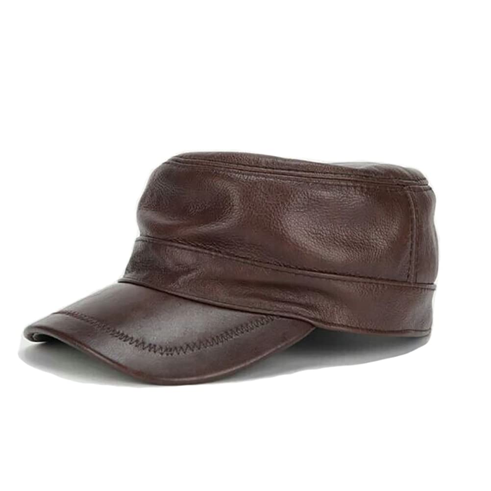 Herren Baseballkappe aus echtem Leder, flache Oberseite, Armee-Kappe, verstellbar, Militär-Mütze, flache Kappe, Casquette, warm, klassisch, 2 Farben, braun, 7.583333333333333