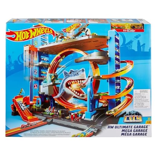 Hot Wheels City Megagaraje con Tiburón - Looping de 2 Carriles y Ascensor para 2 Coches - 90+ Plazas - Incluye 2 Coches - Regalo para Niños de 3+ Años