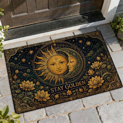 Sun Welcome - Tapete para puerta, diseño bohemio artístico de luna, nenúfar de agua, color dorado, antideslizante, decoración del hogar, para entrada, porche, balcón, 29 x 17 pulgadas
