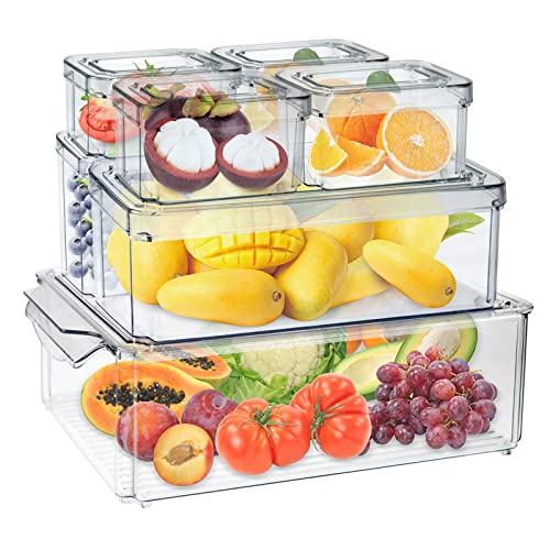MDHAND Kühlschrank Organizer mit Deckel, Durchsichtig Stapelbare Kühlschrank Organizer Stapelbar, Durchsichtig Aufbewahrungsbox, ideal für Küchen, Kühlschrank, Schränke- BPA Frei (7 Teiliges Set) Cover