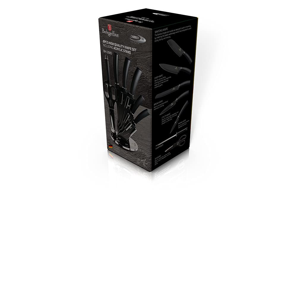 Berlinger Haus Carbon Pro Set de Couteaux de Cuisine Professionnel 8 Pièces, Acier Inoxydable, Revêtement Antiadhésif, Support, Couteau de Chef, Santoku, Acier à Aiguiser, Ciseaux, Design Metallic