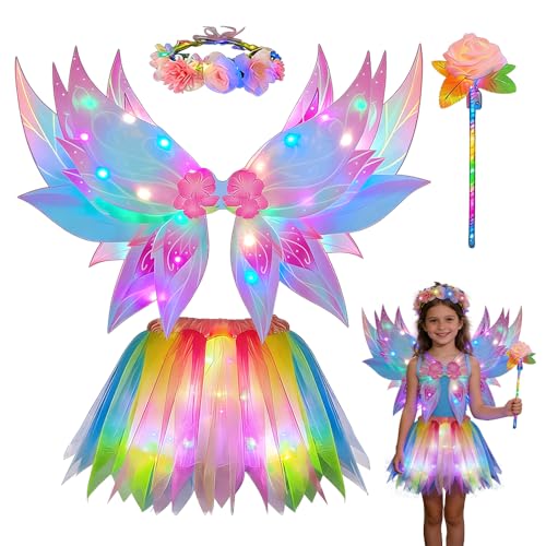 SGZIOO 4 Stück Leuchtende Feen Kostüm Kinder, Feenkostüm Mädchen mit Feenflügel, LED Tutu Tüllrock, Blumenkranz, Zauberstab, Kinder Feen für Karneval Fasching