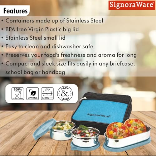 Image of SignoraWare Health Bite Stainless Steel Lunch Box | Airtight & Leakproof | Compact & Easy to Carry | Ideal for Meal Prep, Travel & Everyday Use (350ml x 2 + 650ml | Setof3 | EBlue)
