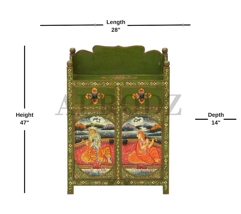 Image of APRODZ Hand-Painted Solid Wood Sideboard Cabinet | Wooden Storage Cabinet for Bedroom Living Room & Kitchen | Crockery Cabinet, Kitchen Storage | Multicolor, 28x14x47 Inches