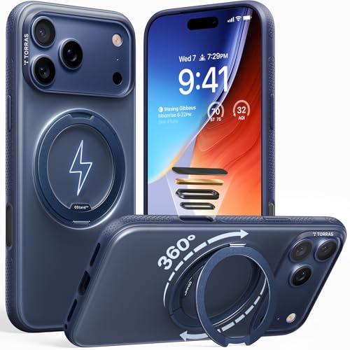 TORRAS 360° Ostand O3 Fitness für iPhone 17 Pro Hülle - Flexibler Magnetischer Ständer, Militärischer Schutz, Kompatibel mit MagSafe Hülle iPhone 17 Pro Case Dünne Griffige Kratzfest Blau