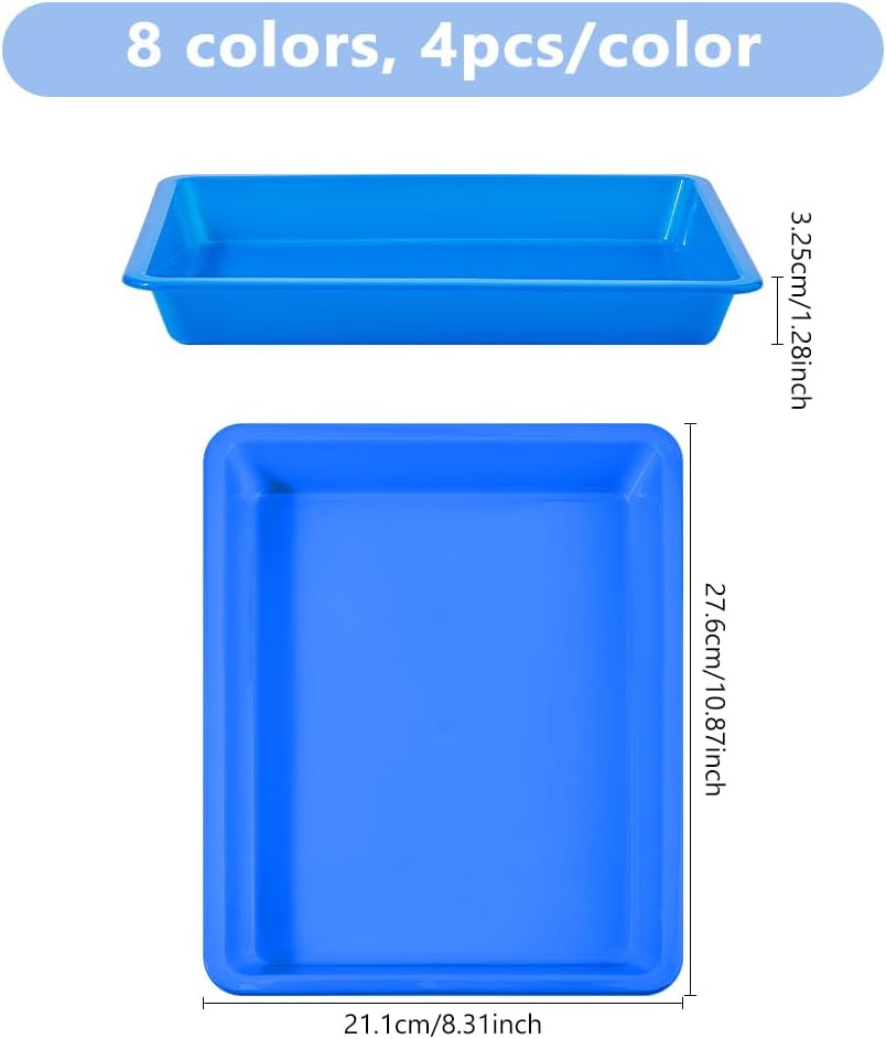 DICOSMETIC 32Pcs 8 Colors Plastic Art Trays Colorful Craft Activity Trays 10.87×8.31×1.28 Inch Activity Serving Tray for Painting Beads Crafts DIY Projects