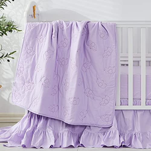 Image of Brandream Crib Bed Skirt for Baby Girls Boys Purple Boho Bohemian Solid Cotton Toddler Bedskirt Farmhouse Chic Ruffle