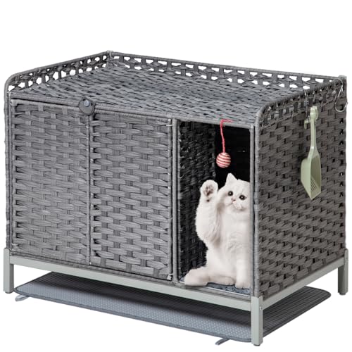 Image of SETVSON Cat Litter Box Enclosure Furniture with Divider, Handwoven Rattan Litter Box with Mat, 31.2 x 19.6 x 24.2 Inches, Metal Heightened Feet, Hidden Cat House for Living Room, Bedroom (Gray)
