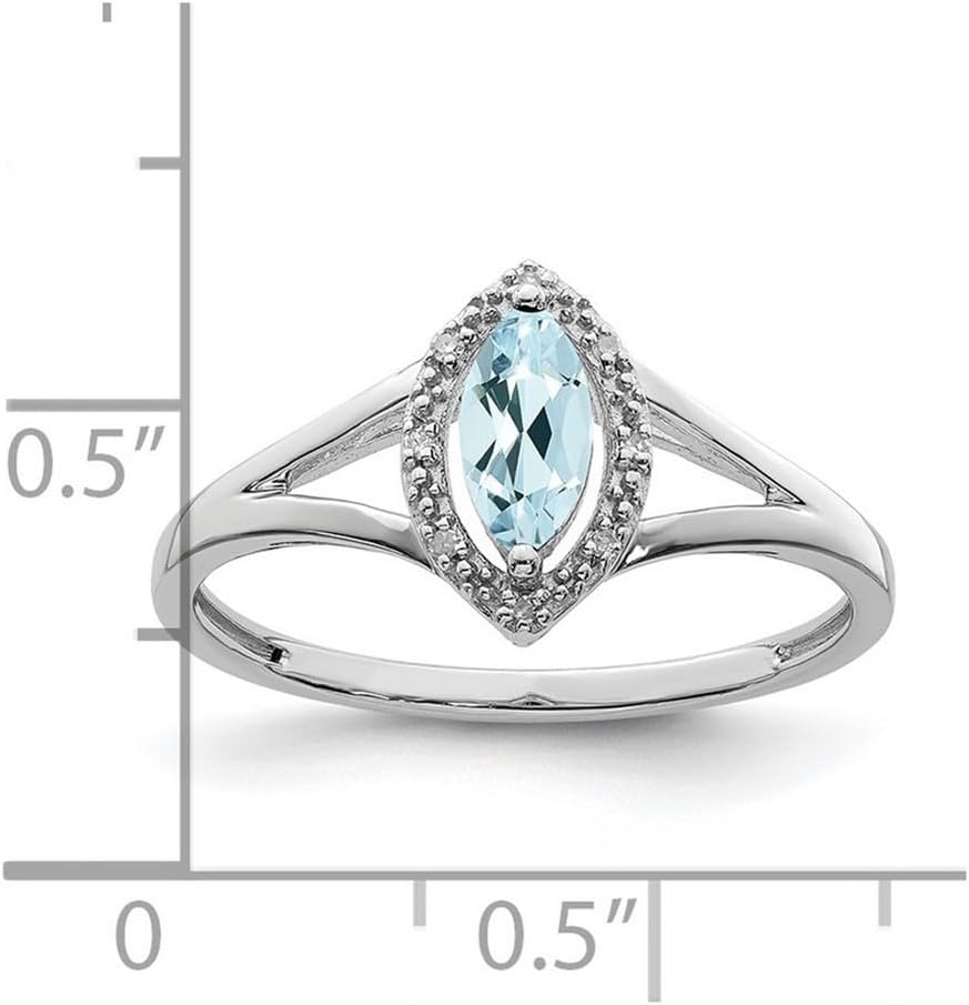 925スターリングシルバー ポリッシュロジウムメッキ ダイヤモンドとアクアマリン マーキスリング 幅2mm バンドスタイルリング 女