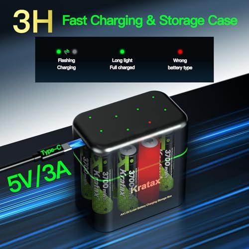 Kratax 3700mWh AA Rechargeable Lithium Batteries with Charger, 8 Pack high Capacity Double A li-ion Batteries 1.5v, Long Lasting, Charging Storage Box with AA Lithium Battery Rechargeable - Image 3
