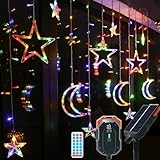 V-Dank LED ソーラー イルミネーション ライト 星 月 ストリングライト カーテンライ ト ツララ 屋外 屋内 138電球 3.5m 13種類モード リモコン付 タイマー機能 防水 電飾 クリスマス 飾り ライト 自動点灯 消灯 ハロウィン パーティー 新年 祝日 結婚式 庭対応(カラフル)