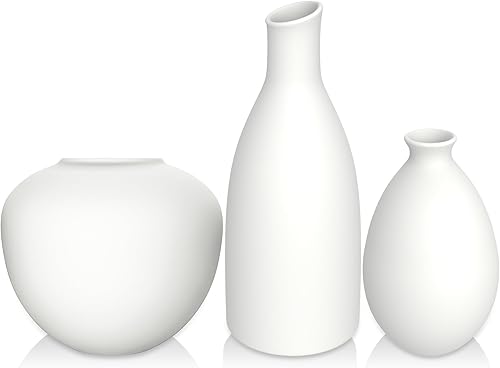 Miniatura 6 de Juego de 3 jarrones de cerámica, pequeños jarrones para decoración, flores frescas o hierba de pampas. Perfecto para decoración japonesa del hogar,