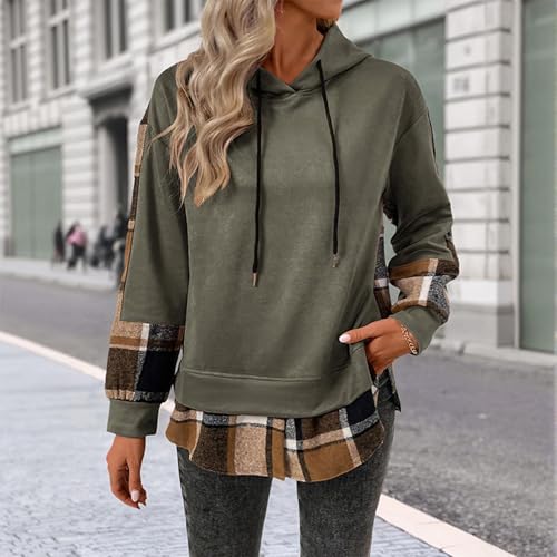 Hoodies for Women Patchwork Plaid Drawstring Hooded Sweatshirts Oversized Long SLeeve Loose Casual Fall Tops 20252