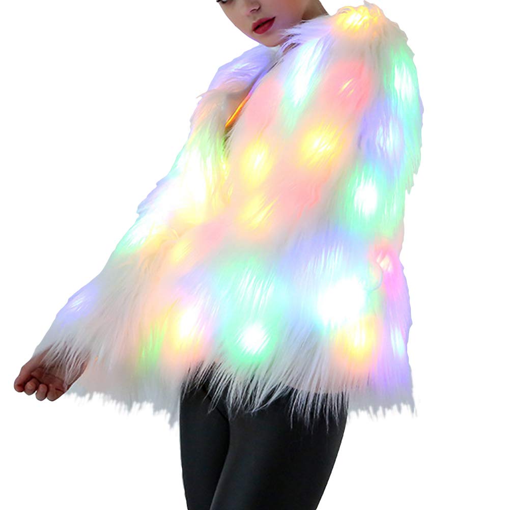 TENDYCOCOWomen Christmas LED Fur Coat Stage Costumes Nightclub Outwear Dancer Jackets Size S (White)