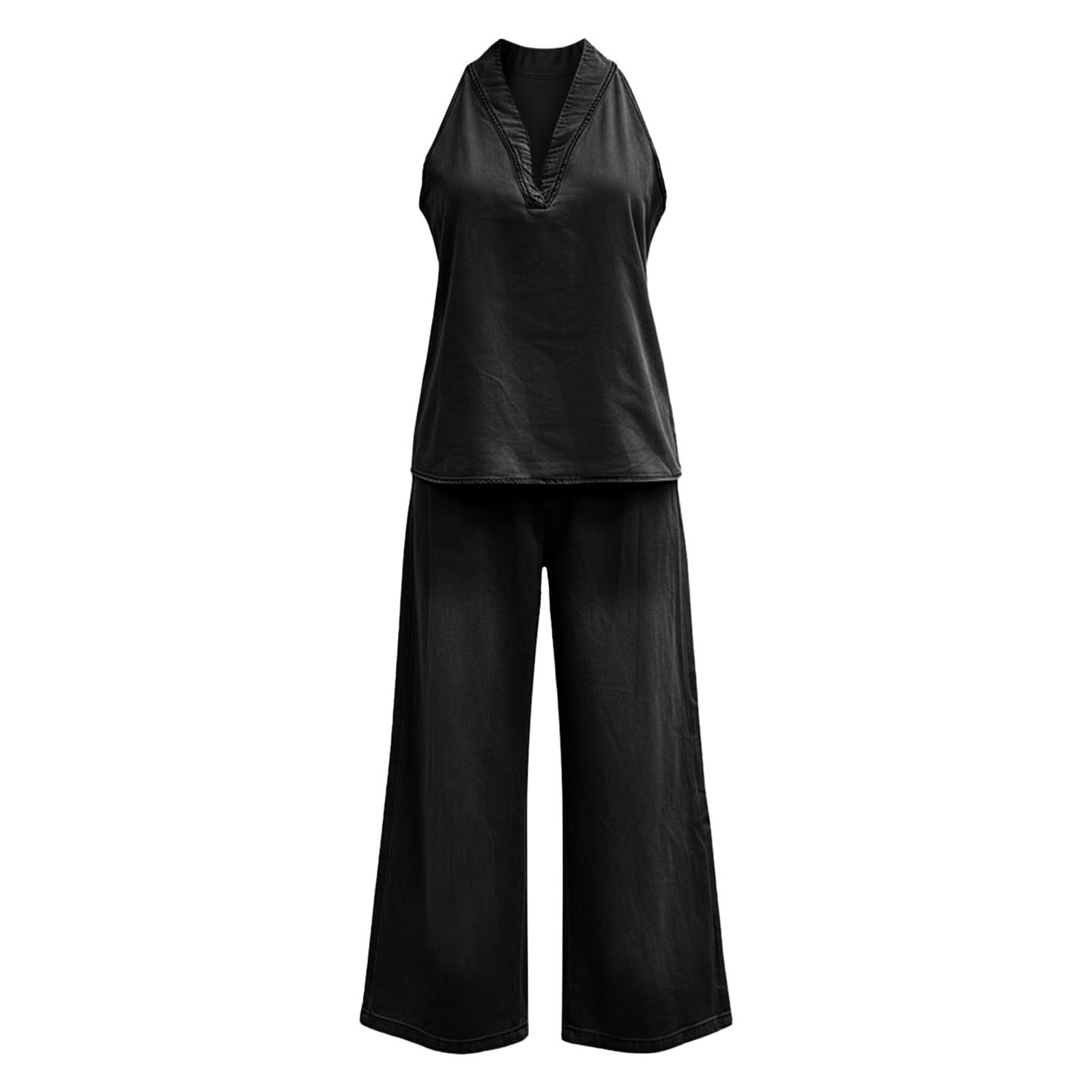 Tuta estiva da donna, due pezzi, allacciatura al collo, scollo a V, top in jeans, pantaloni larghi con risvolto, colletto con bottoni, set vintage estetico, elegante abbigliamento da salotto