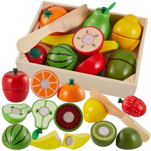LINFUN KIDS Frutas Juguete Madera Cortar Set Accesorios Cocina Ninos Comida Juguete Alimentos Juguetes Cocinita de Simulación Madera para Niños Niñas 2 3 4 Años